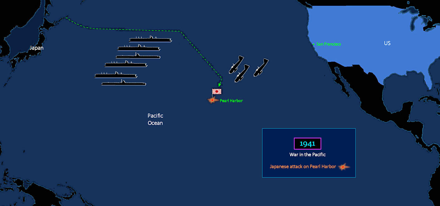Japan attacks Pearl Harbor, 1941 map